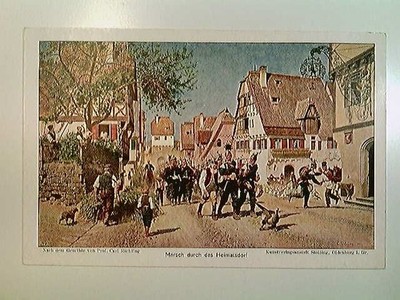 Marsch durch das Heimatsdorf, Prof. C. Röchling, Uniformen, Künstler AK, ungelau