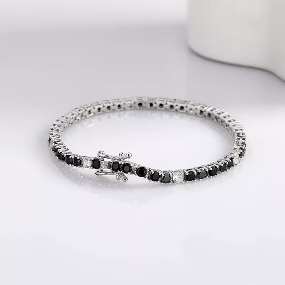 14K White Gold Plated 3MM 8Ct Round Lab Created Black Diamond Tennis Bracelet 7