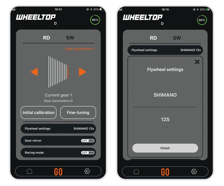 WHEELTOP app rear derailleur control screen and flywheel settings