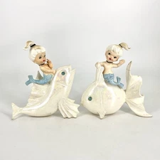 Norcrest Mermaids on Iridescent Fish Wall Plaques Set Of 2 Japan