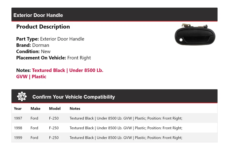 Manija de puerta exterior delantera derecha 1998 para Ford F-250 Dorman 1997-1999 Foto 2 de 4