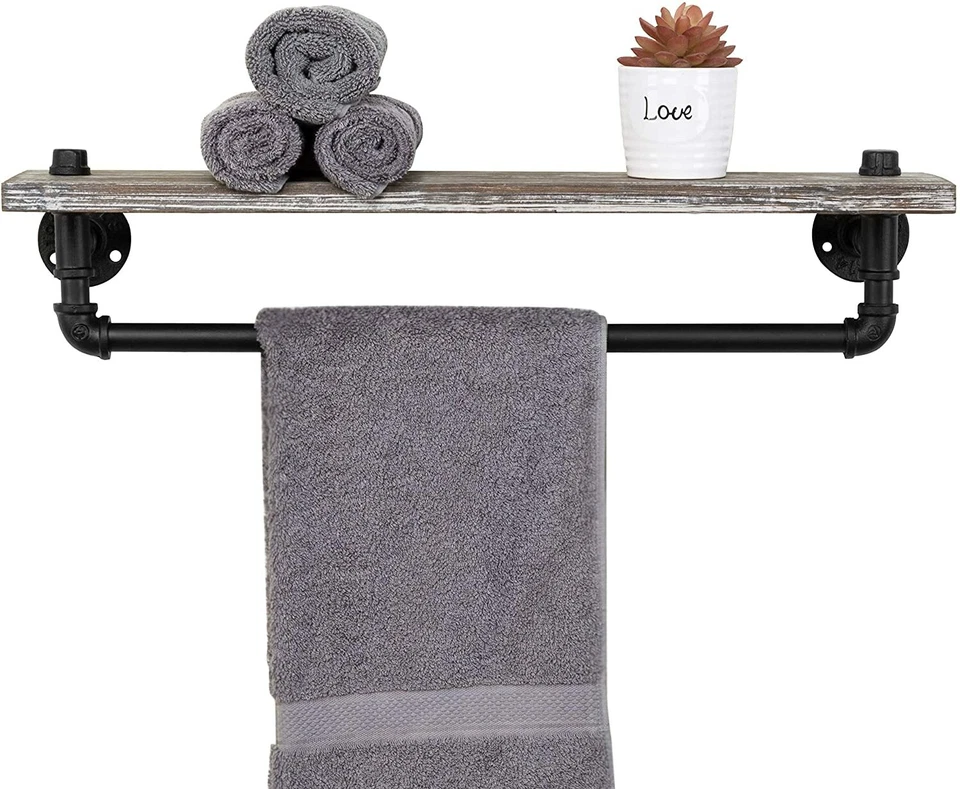 Rustic Torched Wood & Industrial Pipe Wall Mounted Storage Shelf w/ Towel Bar - Image 4 of 4