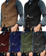 Mens Vintage Tweed Waistcoat Vest Wool Herringbone Notch Lapel Slim Fit S-XL-3XL