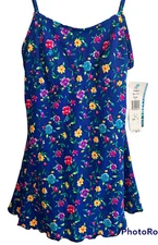 VTG 60S-70s Gabar Women Blue Floral 1 Piece Swimsuit Skirted NWT SZ 8 NEW EC