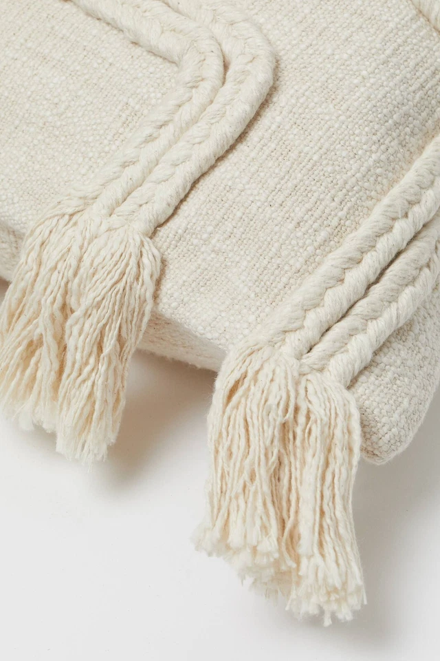 H&M Home Guarnito di Frangia Cuscino Cover Beige Avorio Boho Nappa Intrecciato - Immagine 4 di 4