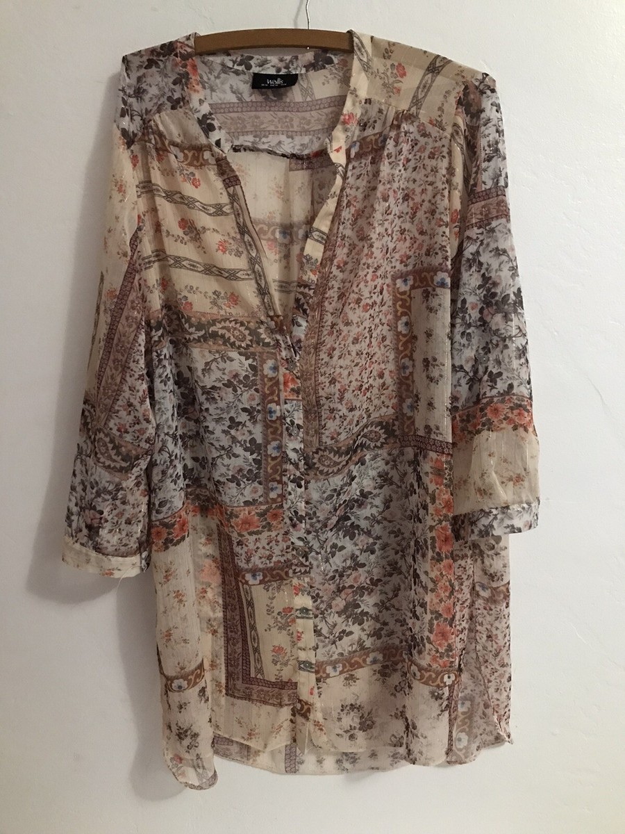 Wallis Women's Blouse Multicolor sheer Long Sleeve Boho Hippie