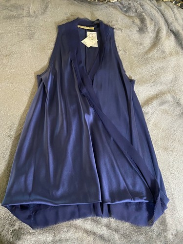 RAMY BROOK Rare Mixed 100% Silk Draped V Neck Top Wrap Surplice Navy Blue M - Picture 14 of 16