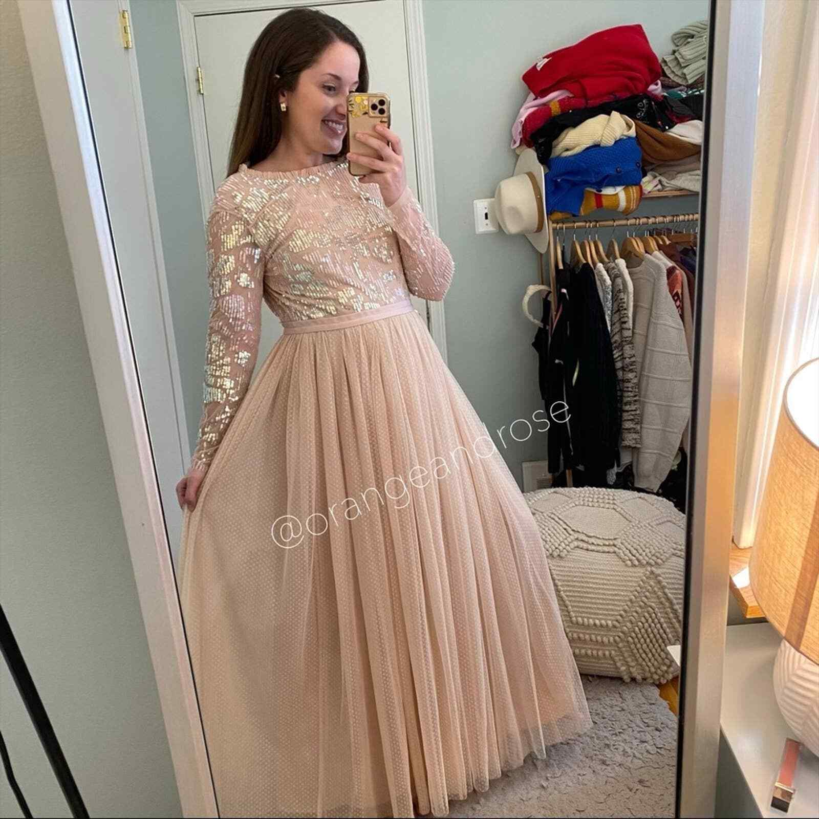 Needle & Thread Blush Pink Sequin Long Sleeve mesh Open Back Tulle Maxi Gown 6