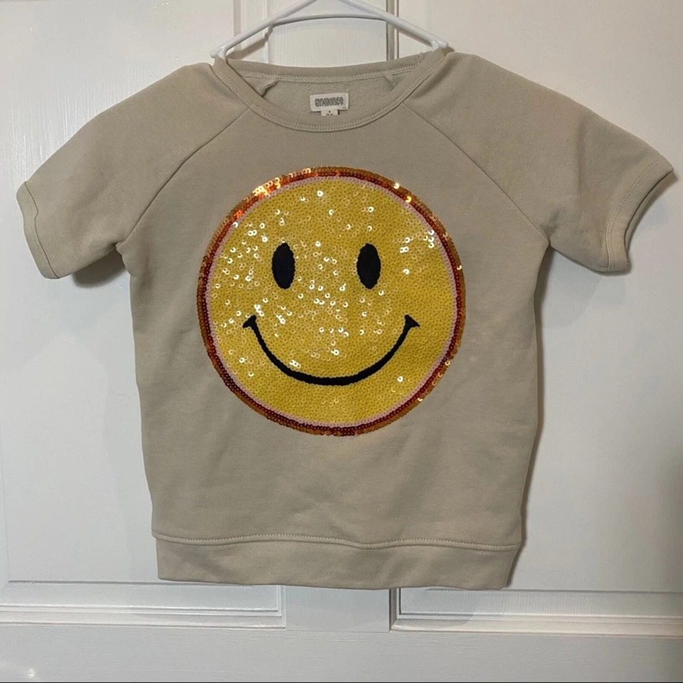 Camisa Gymboree Niñas Talla S Beige Lentejuelas Cara Feliz Emoji Sudadera Pequeña 5-6 Foto 2 de 4