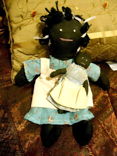 2 ANTIQUE BLACK FOLK CLOTH DOLLS - MOM + CHILD 14" + 6'" ALL ORIGINAL-DOLL