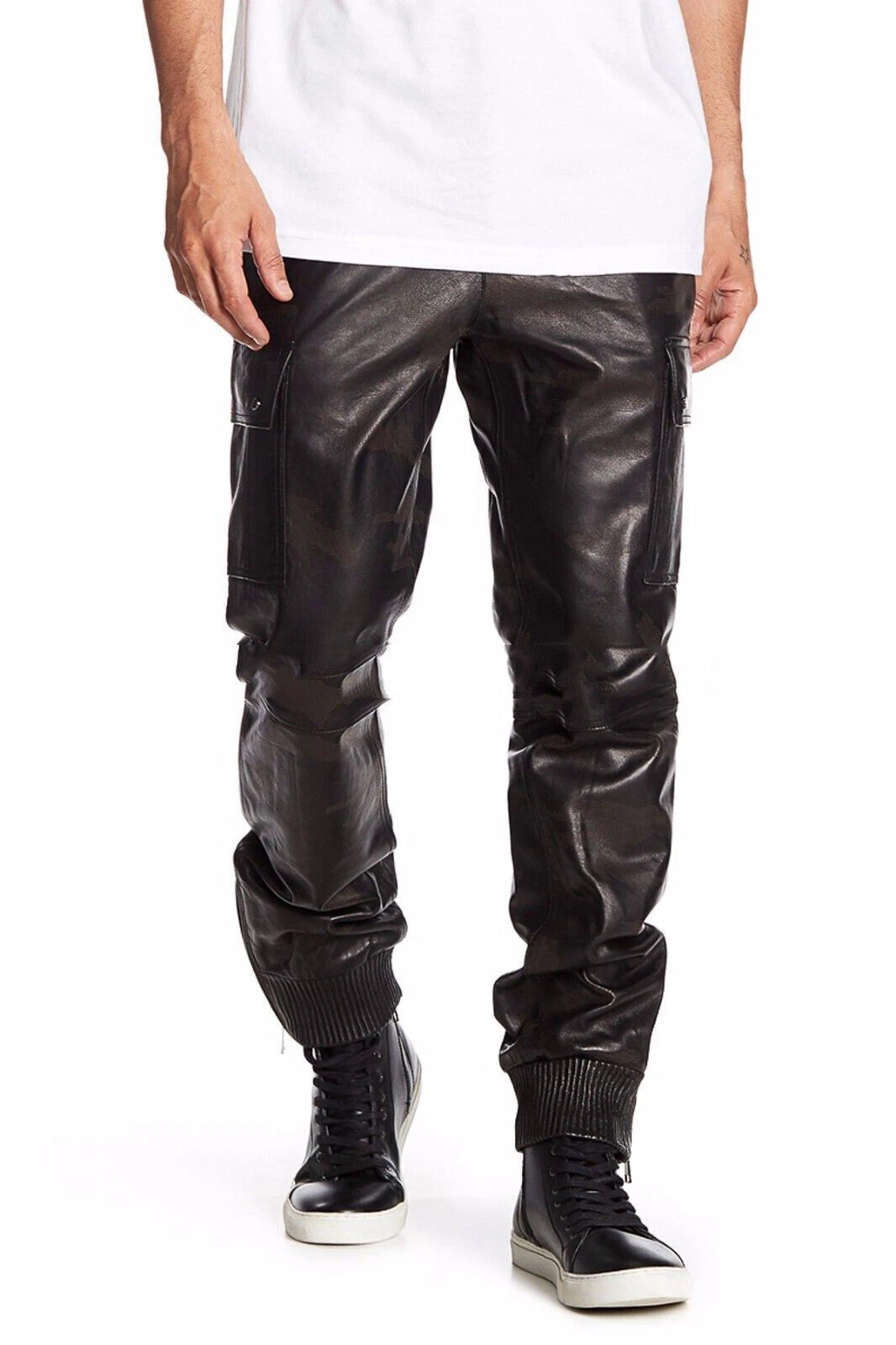 Men's Black Genuine Lambskin 100% Cargo Leather Pant Stylish Custom Made
