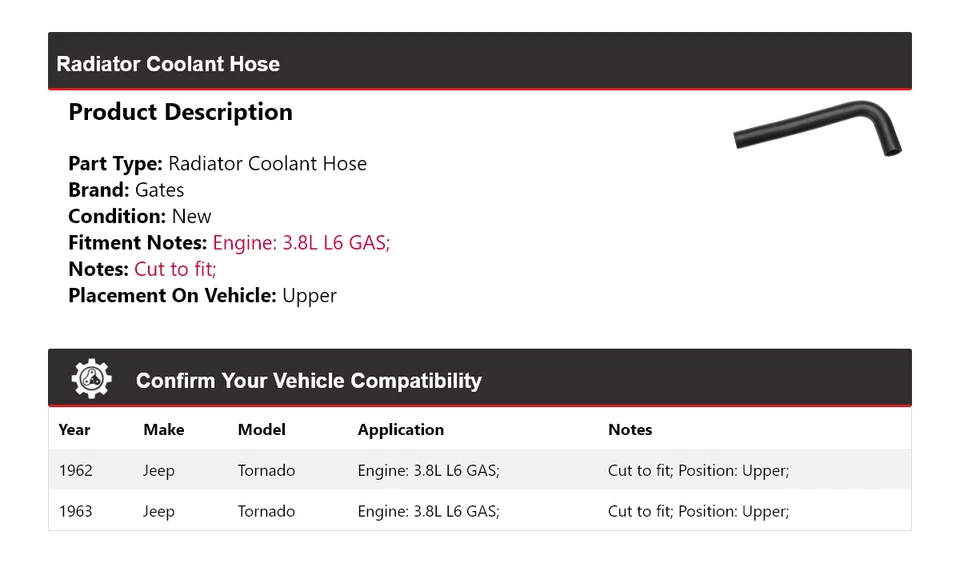 Manguera de refrigerante de radiador de gas L6 3,8 L Jeep Tornado 1962-1963 puertas superiores Foto 2 de 4