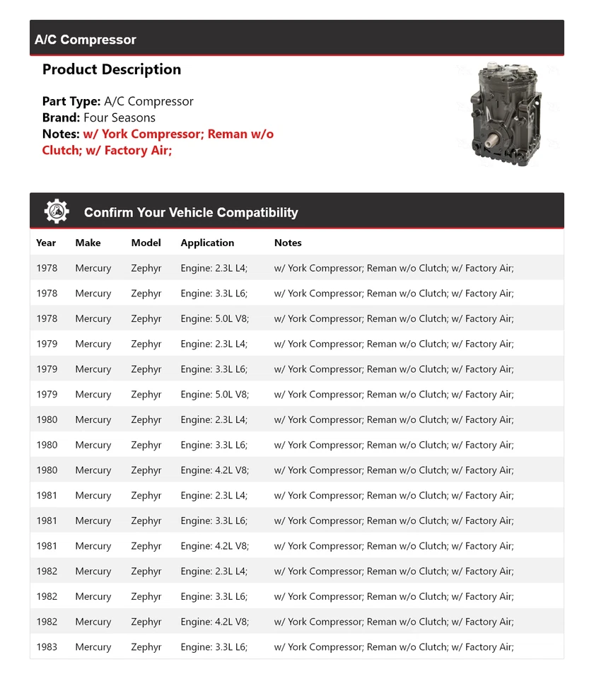 Compresor de aire acondicionado Mercury Zephyr 1978-1983 4 estaciones 1979 1980 1981 1982 Foto 2 de 4