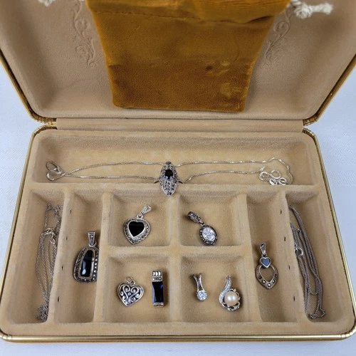 Vintage Sterling Silver Jewelry Lot w/ Box , Marcasite, Ring, Charm, Chains, 26g