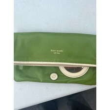Kate Spade Green Leather Foldover Flap Clutch Purse Built-In Mirror Cream Trim