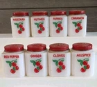 Vintage Tipp Decorated Cherries Spice  Shaker Milk Glass Set Of 8 Red Lids