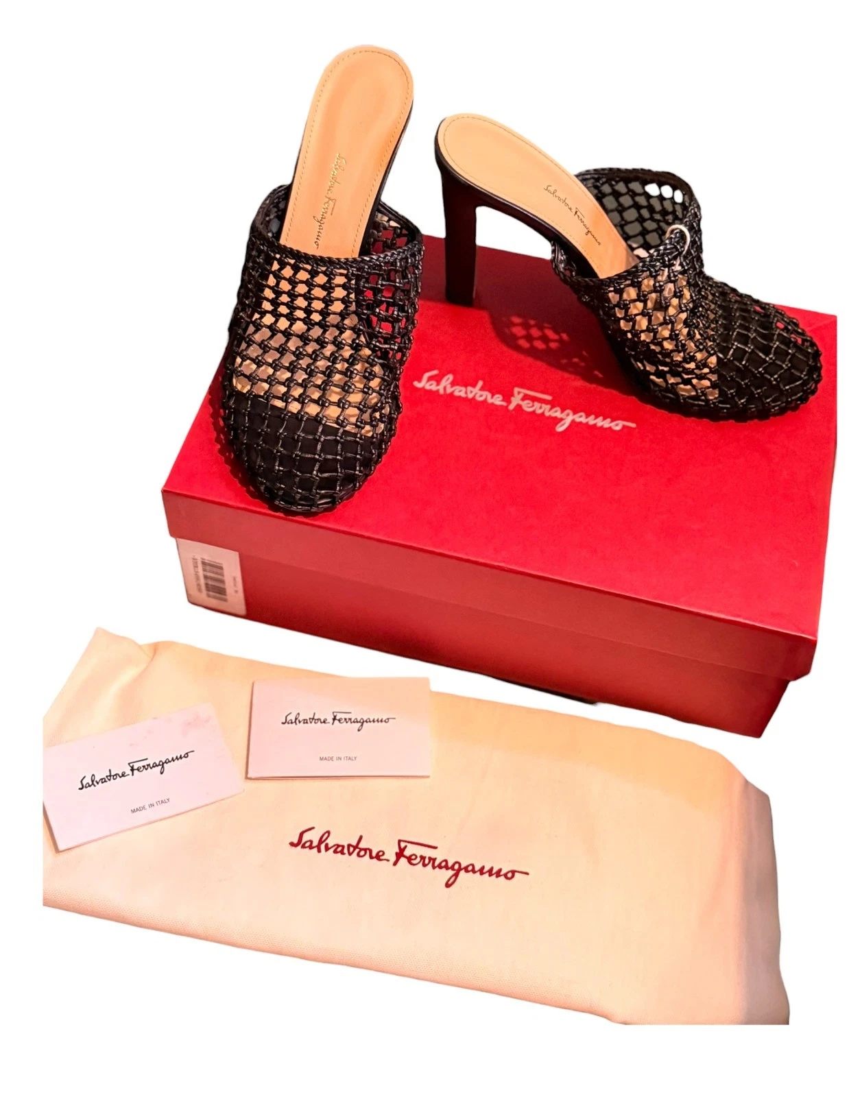 Ferragamo — Salvatore Ferragamo Ellas X 105 Black Woven Leather Mules 10.5cm Heel 9C