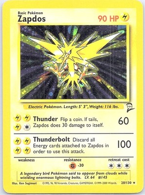Zapdos 20/130 Holo Rare Base Set 2 Pokemon Lightly Played