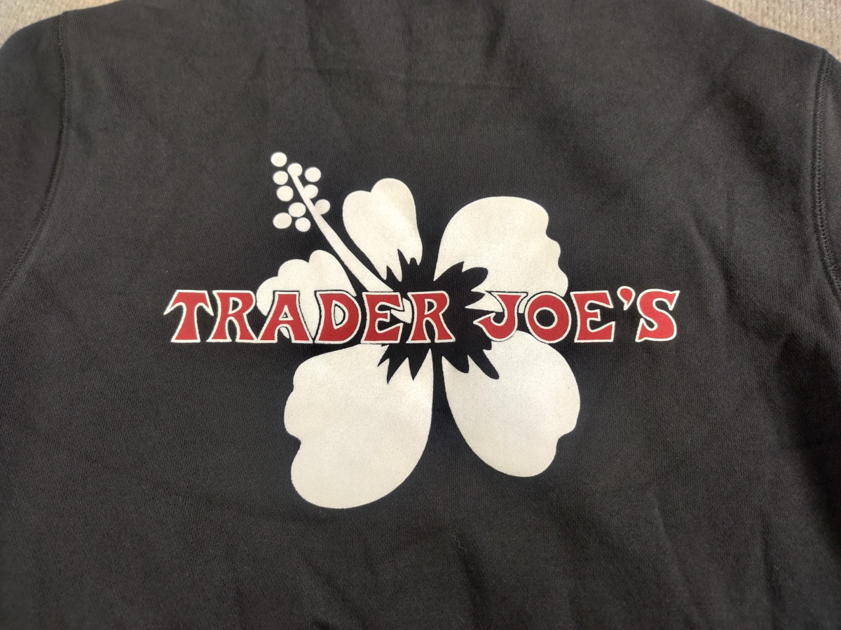 ふーり Trader Joes Black Pullover Hoodie Size XS Hibiscus Flower Employee