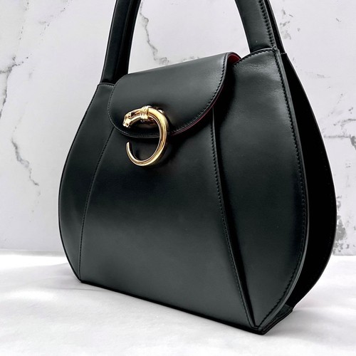 Cartier Panthere Top Handle Bag Black Gold Hardware Leather Handbag
