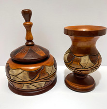 Vintage Hand Carved Turned Solid Wood Pedestal Vase  Bowl With Lid Set of 2 