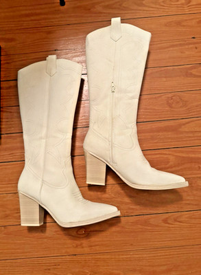 New MIA White Knee High Western Boots Embroidered Block Heel Zip Pull Tab Size 8