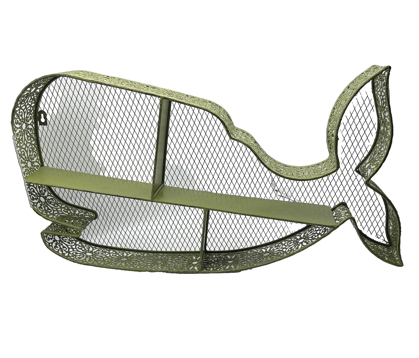 Whale Shaped Olive Green Metal Filagree Wire Mesh Wall Shelf MCM 1960's 26" W