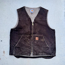 Vintage Carhartt Men  s Brown Sherpa Lined Zip Front Work Vest Pockets V-Neck M