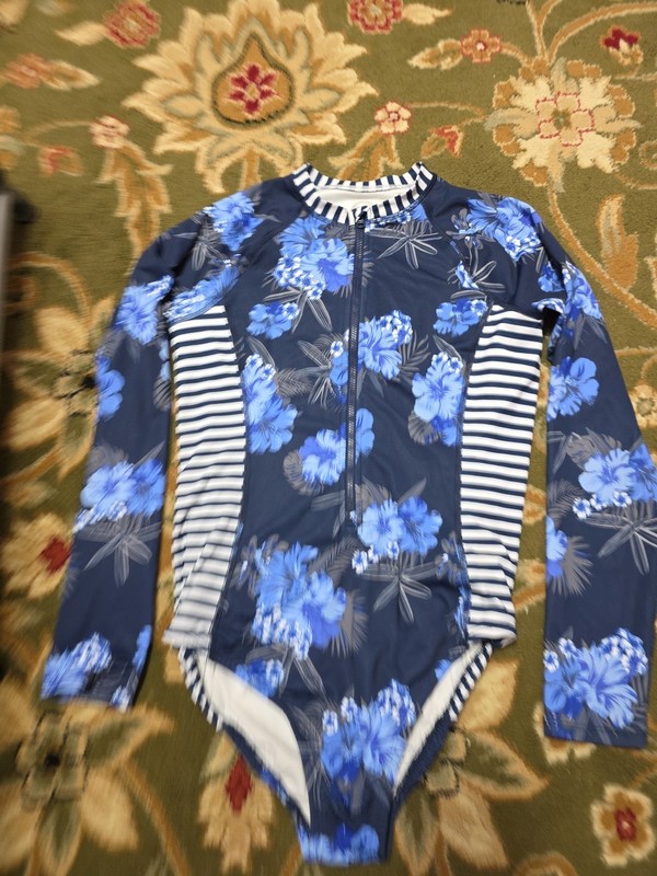 Girls Sz 18 Long Sleeve Blue Floral Zip Front Swimsuit
