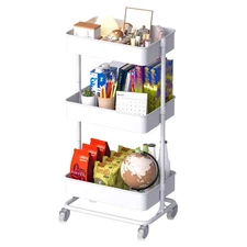3 Tier Metal Rolling Cart with Wheels, Utility Storage Cart with Handle and L...