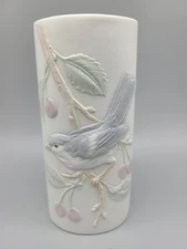 Crowning Touch Japan 3D Blue Bird Cherries Bisque Vase