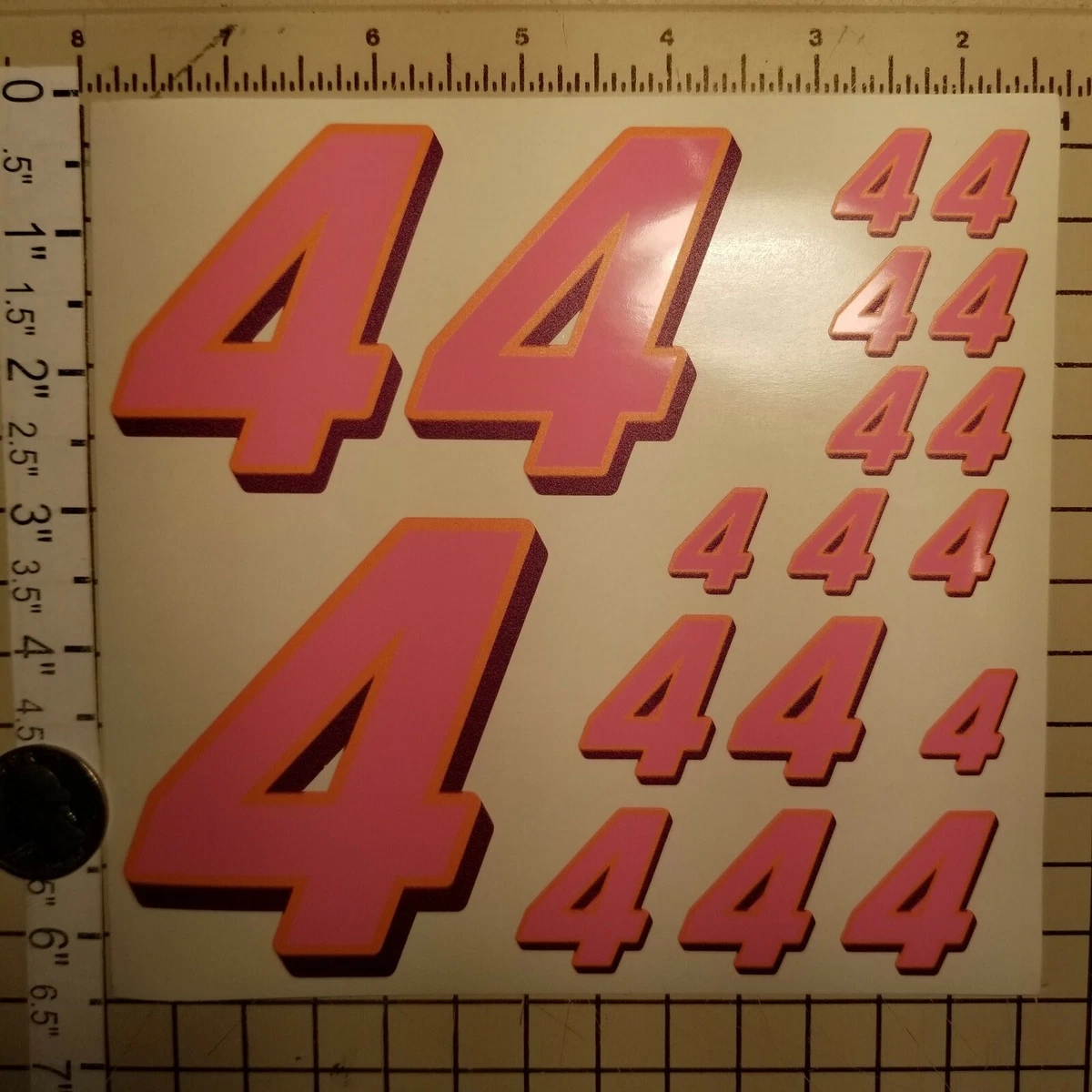 Pink w/plum & orange #4's Racing Numbers Vinyl Decal Sheet 1/10-1