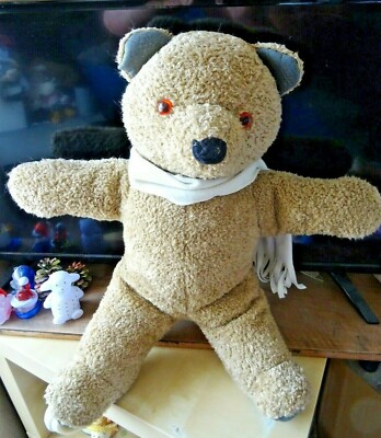 PL / PELUCHE OURS VINTAGE BEIGE MARRON SIMILI CUIR GRIS 50 CM TBE