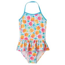 So Girls Size 4 5/6 Multi Color Pineapple Ruffle Waist UPF 50 One Piece Swimsuit