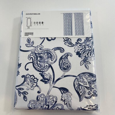 IKEA Dovrefibblor Pair Cotton Curtains 57''x98'' Blue&White Floral 2Panels New