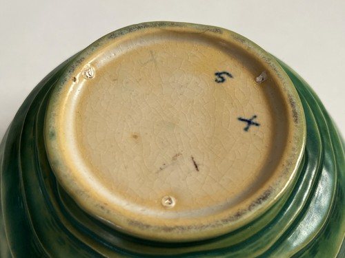 ROSEVILLE ART POTTERY LUFFA DECOR HANDLED JARDINIERE BOWL SHAPE 631-7 GREEN 1934 - Picture 17 of 21