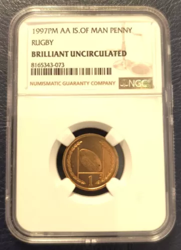 1997 PM AA ISLE OF MAN PENNY Coin - Brilliant Uncirculated NGC Graded (Rugby)