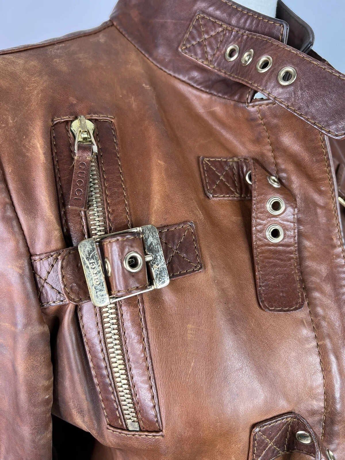 Gucci giacca di pelle da donna giubbino biker marrone taglia 36