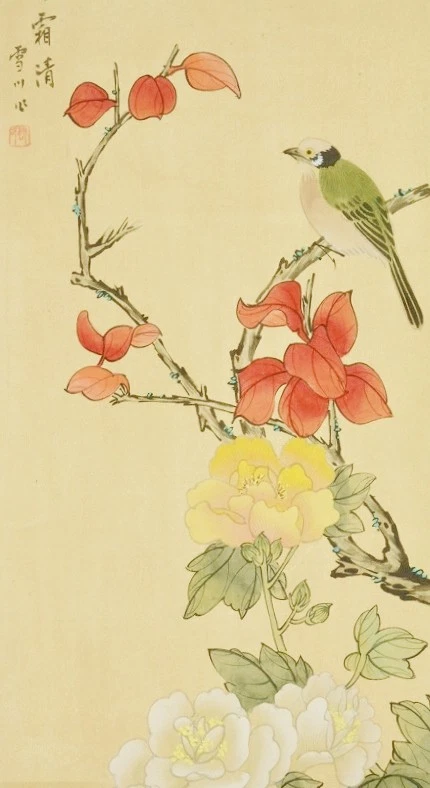 CHINESE PAINTING HANGING SCROLL China 53.1" Picture Bird Flower From Japan c374 - Image 3 of 4