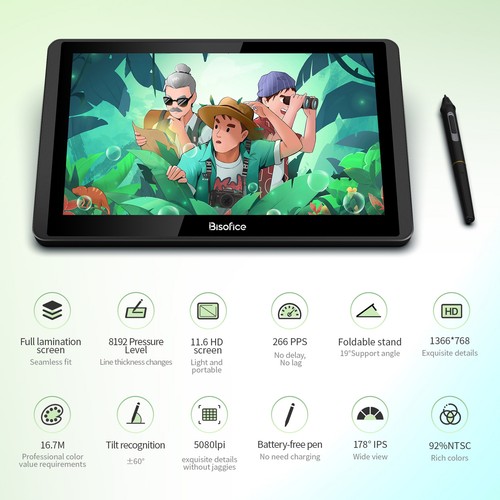 Bisofice 12HD-A H-IPS Graphics Drawing Tablet with Battery-Free Stylus Pen E8T0 - Picture 2 of 12