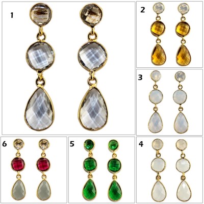 Colorful Three Stone Pear Hydro Quartz 24k Gold Plated Drop Dangle Bezel Earring