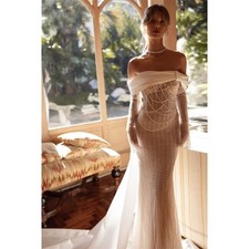 Shiny Beads Off Shoulder Wedding Dress Detachable Train and Sleeves Bride Gown