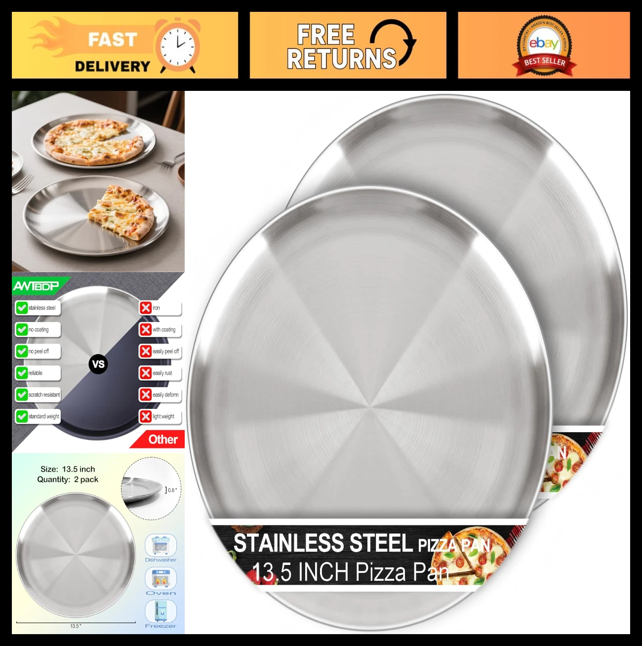 Set of 2 Non-Stick 13½" Round Pizza Pans - Durable Stainless Steel Baking Trays,