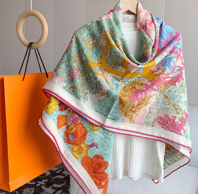 Grass Forest Print 70% Cashmere 30% Silk Square 2 face Bandana 55'' Scarf Women