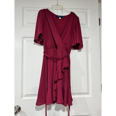Blue Rain Burgundy Faux Wrap Dress Ruffle Hem Flutter Sleeve Wine Red Small