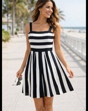 LOFT Black White Striped Fit Flare Linen Blend Dress Size 4 Coastal