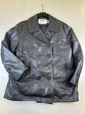 Vtg Schott NYC US 740N Black Double Breast Heavy Leather Pea Coat  Jacket sz 46