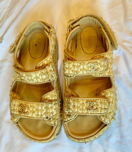 Chanel 21C Raffia Pearl CC Logo Dad Sandals
