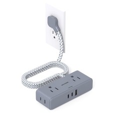 10 ft Flat Plug Extension Cord Power Strip 4 Outlets 3 USB Ports Gray