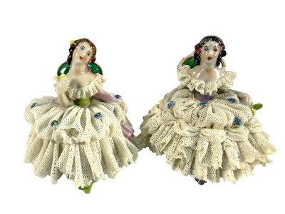 VTG Volkstedt Dresden Porcelain Lace Seated Lady Figurine Mirror Pair 20038 /039